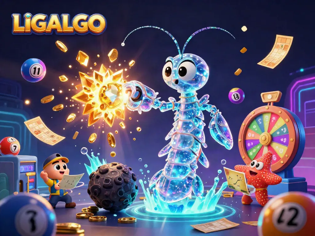 LIGALGO showcases a vibrant casino scene with a galactic samurai shrimp surrounded by lottery elements.