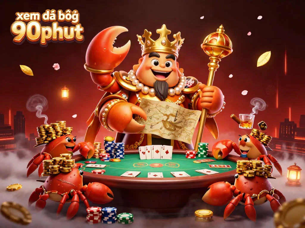 Experience the excitement of xem đá bóng 90phut with a dynamic scene featuring a golden crab emperor and poker elements.