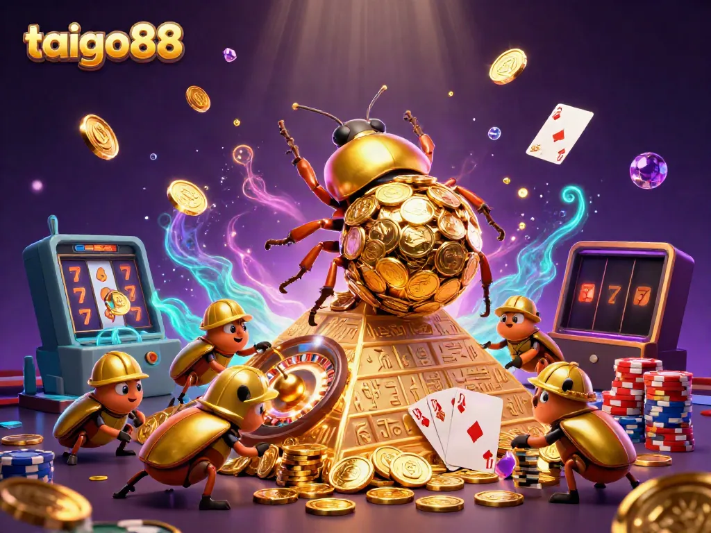 Win big at taigo88 with a dynamic scene featuring golden beetles and casino symbols!