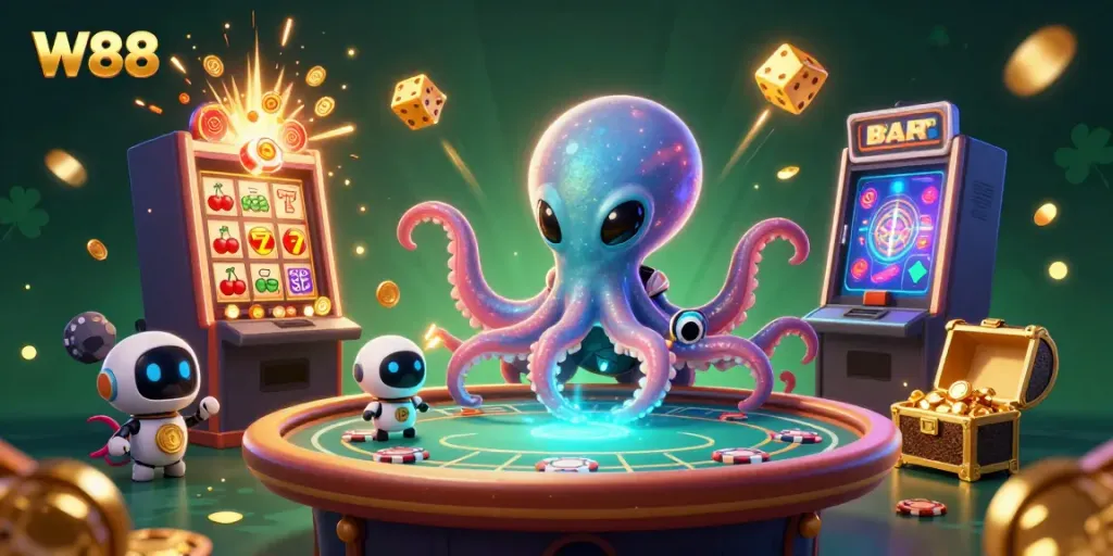 W88 alien octopus delights players at a holographic poker table amid a glorious casino jackpot.