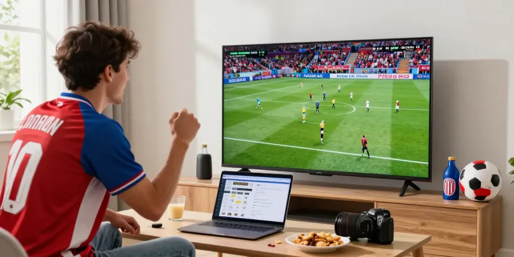 Football fan enjoying live streaming at https://xoilactvlive.net/ with HD clarity and team pride.