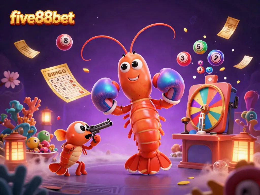 Experience thrilling moments at five88bet with vibrant lottery and gaming elements in a colorful 3D illustration.