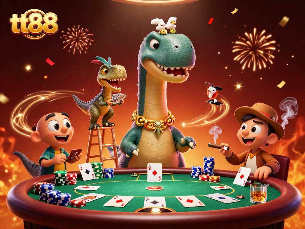 Engage in thrilling poker action with tt88's vibrant casino scene featuring dinosaurs.