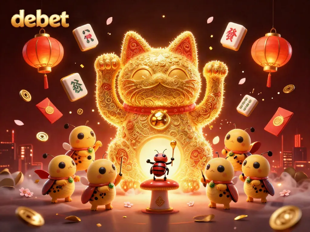 Experience top casino excitement with debet, where the giant lucky cat greets gamblers amidst golden symbols.