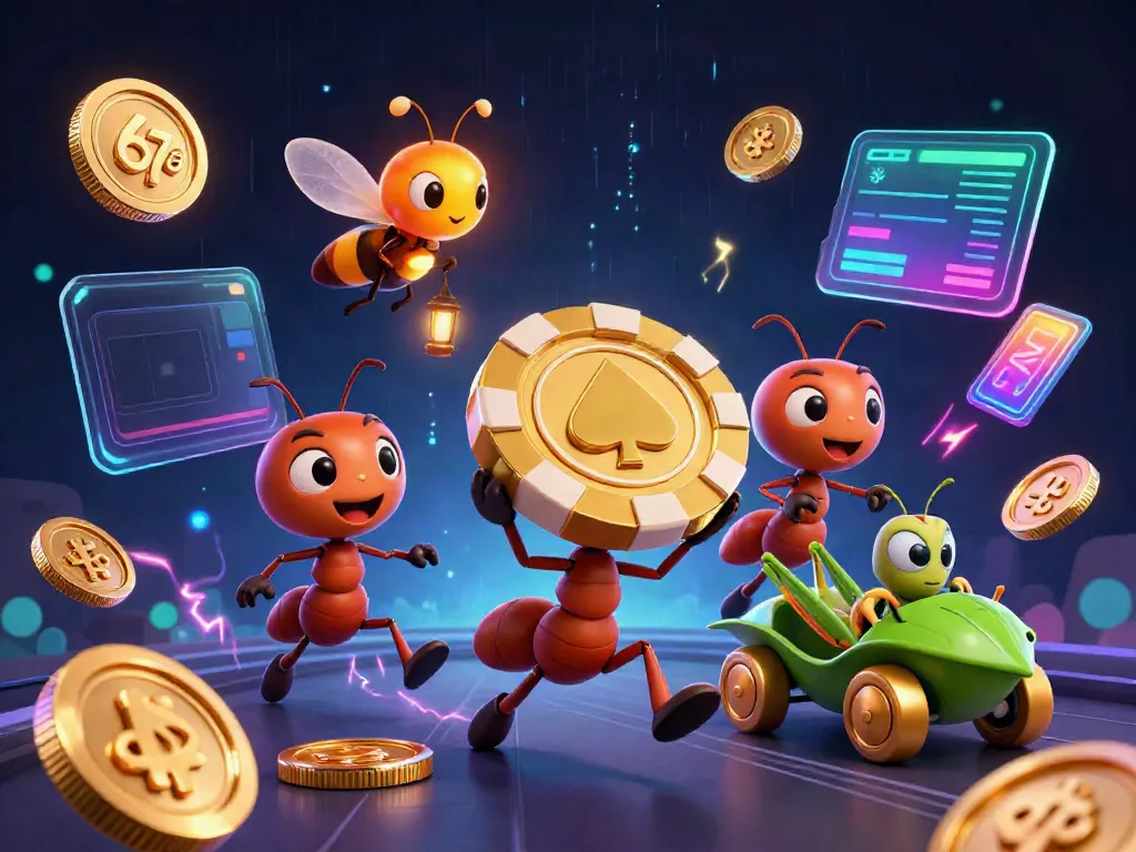 Engage with the thrilling energy of 67a as cartoon ants and firefly work together in a vibrant casino heist.