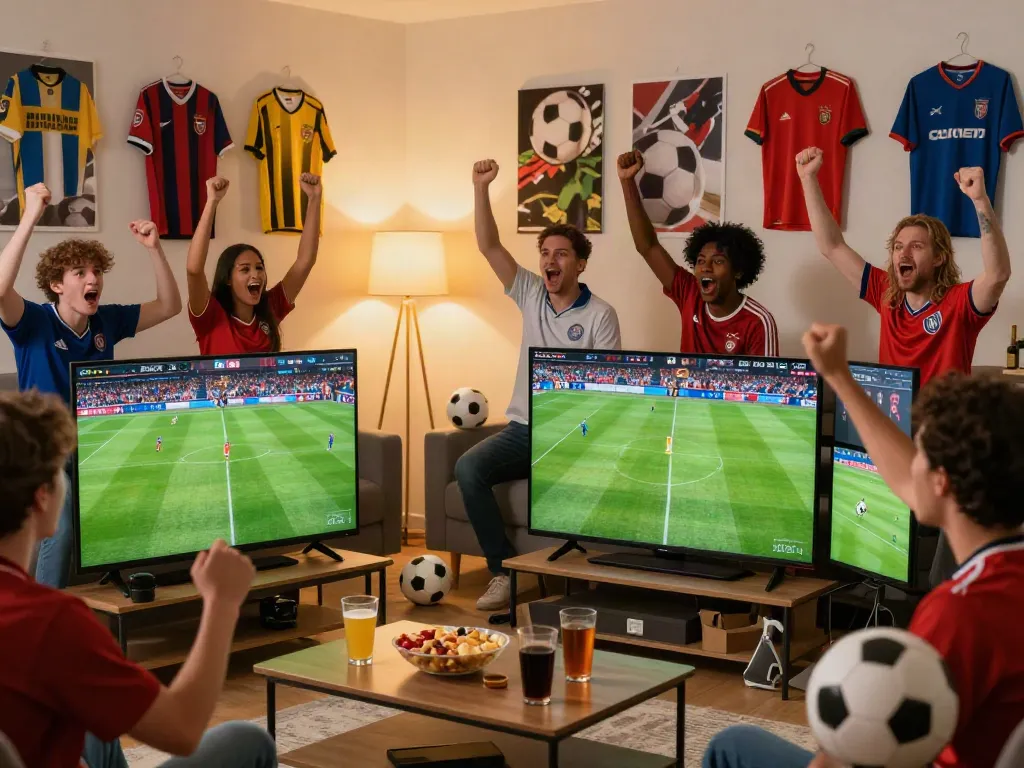 Fans enjoying a live match streaming on gavangtv.study in a lively living room.