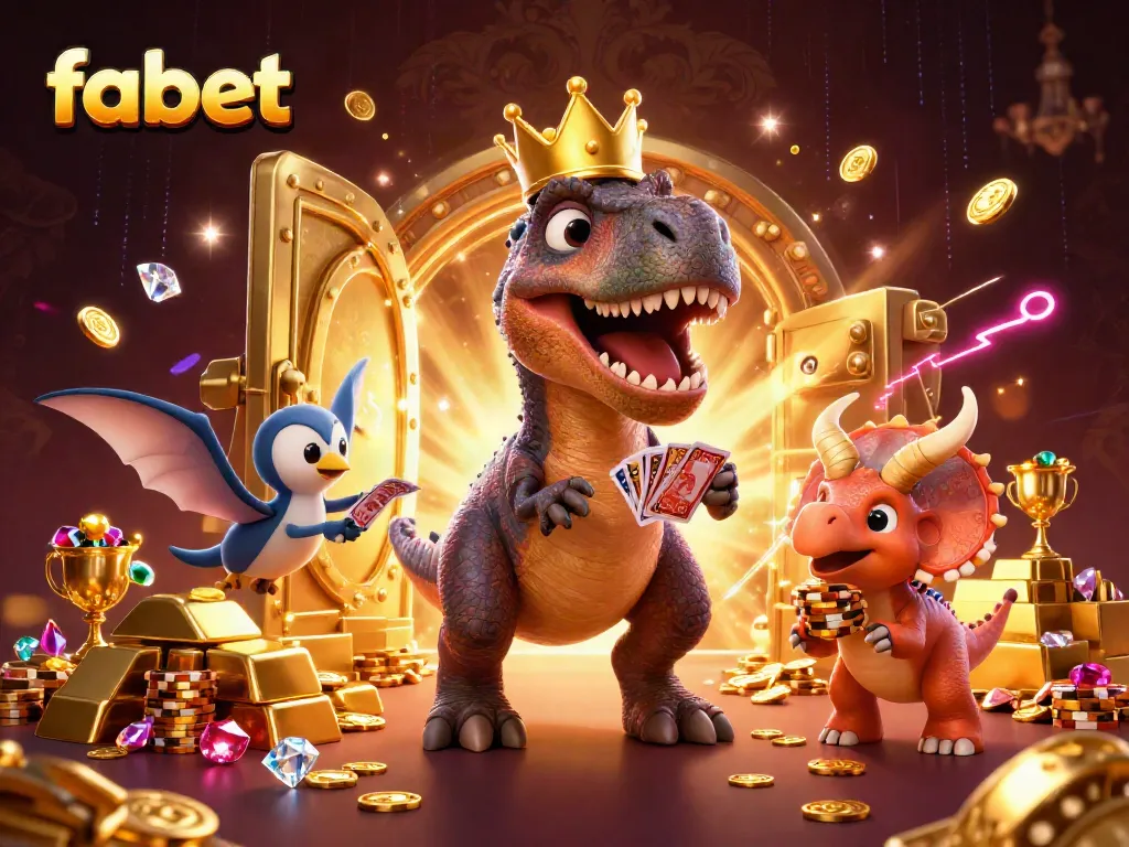 Experience exciting games with fabet's interactive characters, showcasing dazzling golden treasures and vibrant casino elements.