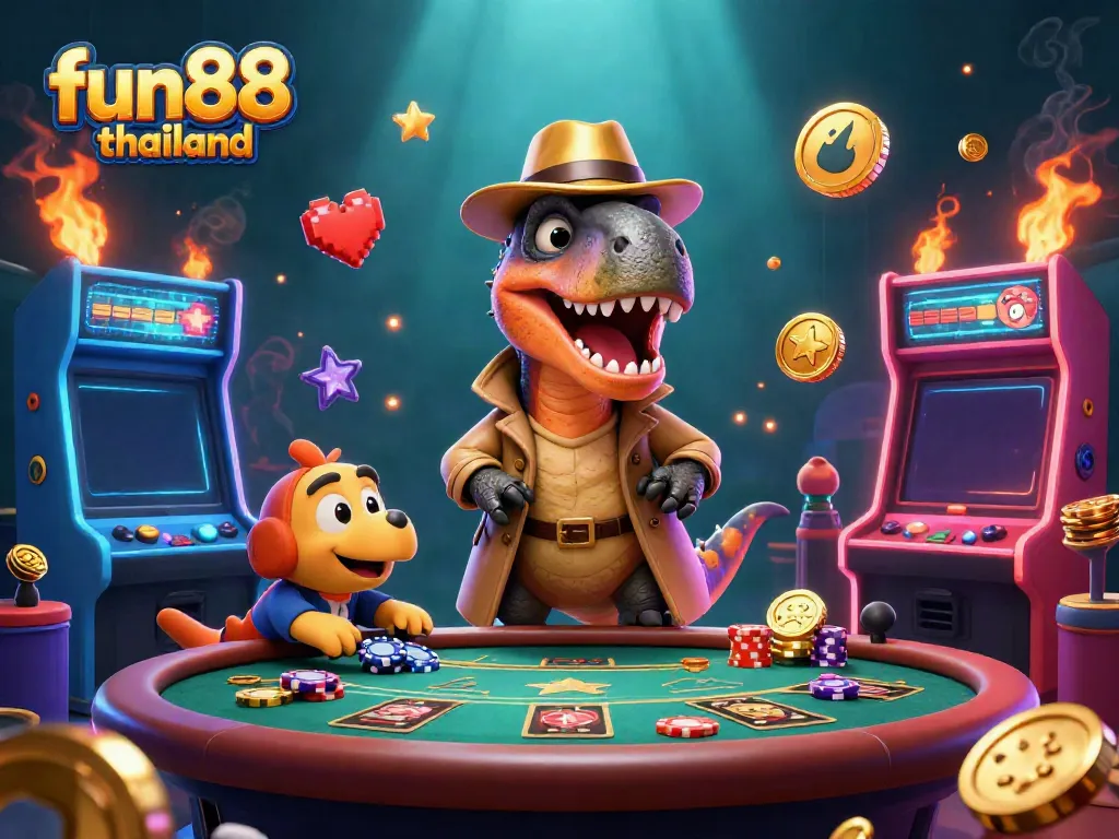 Experience fun88 thailand with a thrilling scene of animated characters at a casino table, showcasing vibrant gaming elements.