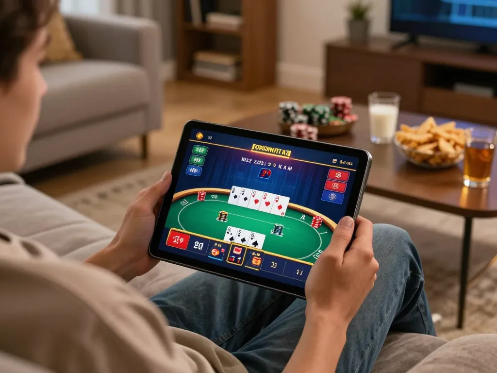 Player using a tablet for online casino games at home with tr88 interface displayed.