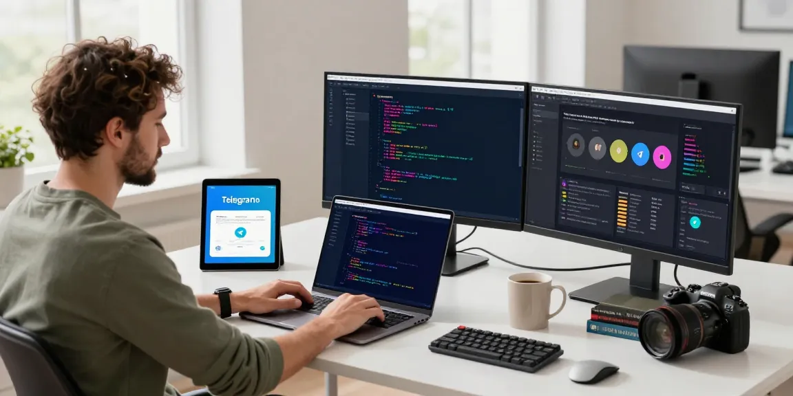 Engaged programmer utilizing the Telegram Web Version in a modern office environment, showcasing coding and productivity elements.