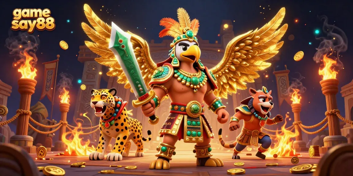 Engage in thrilling gameplay with game say88, featuring Aztec warriors in a vibrant casino arena.