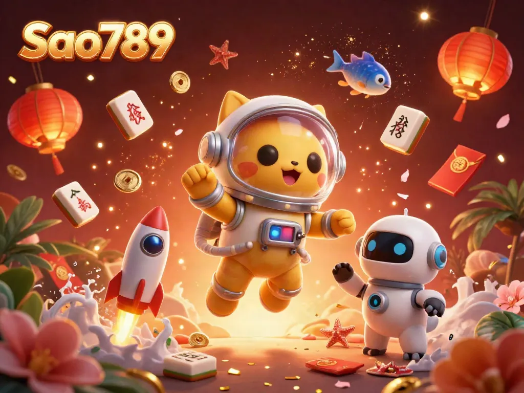 Sao789 offers an exciting online gaming experience with a cat astronaut and robot dog, showcasing vibrant casino elements.