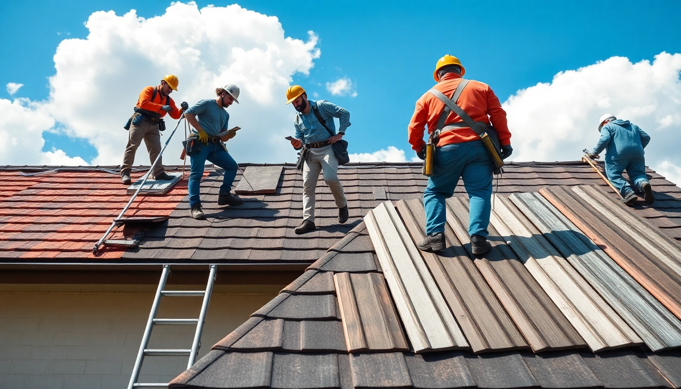 Roofing company professionals installing durable materials on a sunny day.