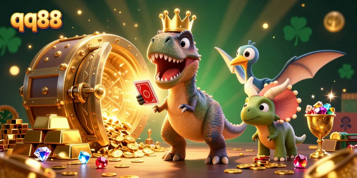 Experience thrilling fun at qq88 as a T-Rex tries to shuffle cards with a pterodactyl in a vibrant casino scene.