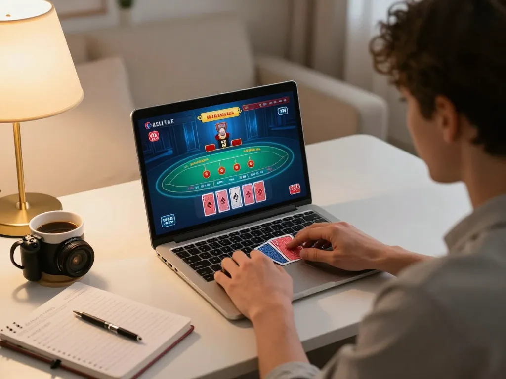 Player engaging in a live dealer blackjack game on a laptop at home while practicing strategies, highlighting 789WIN's online gaming edge.