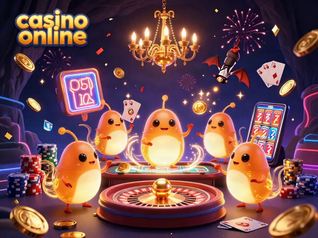 Disfruta de la emoción en un casino online iluminado por luciérnagas mientras lanzan fichas y monedas.