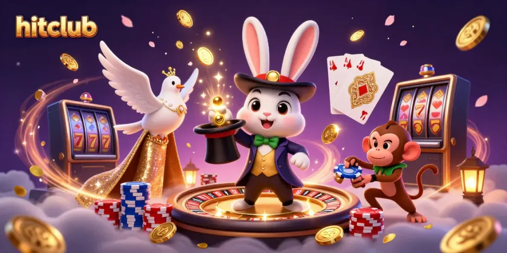 Experience the thrill of hitclub with a magical scene of a rabbit, dove, and monkey in a vibrant casino setting.