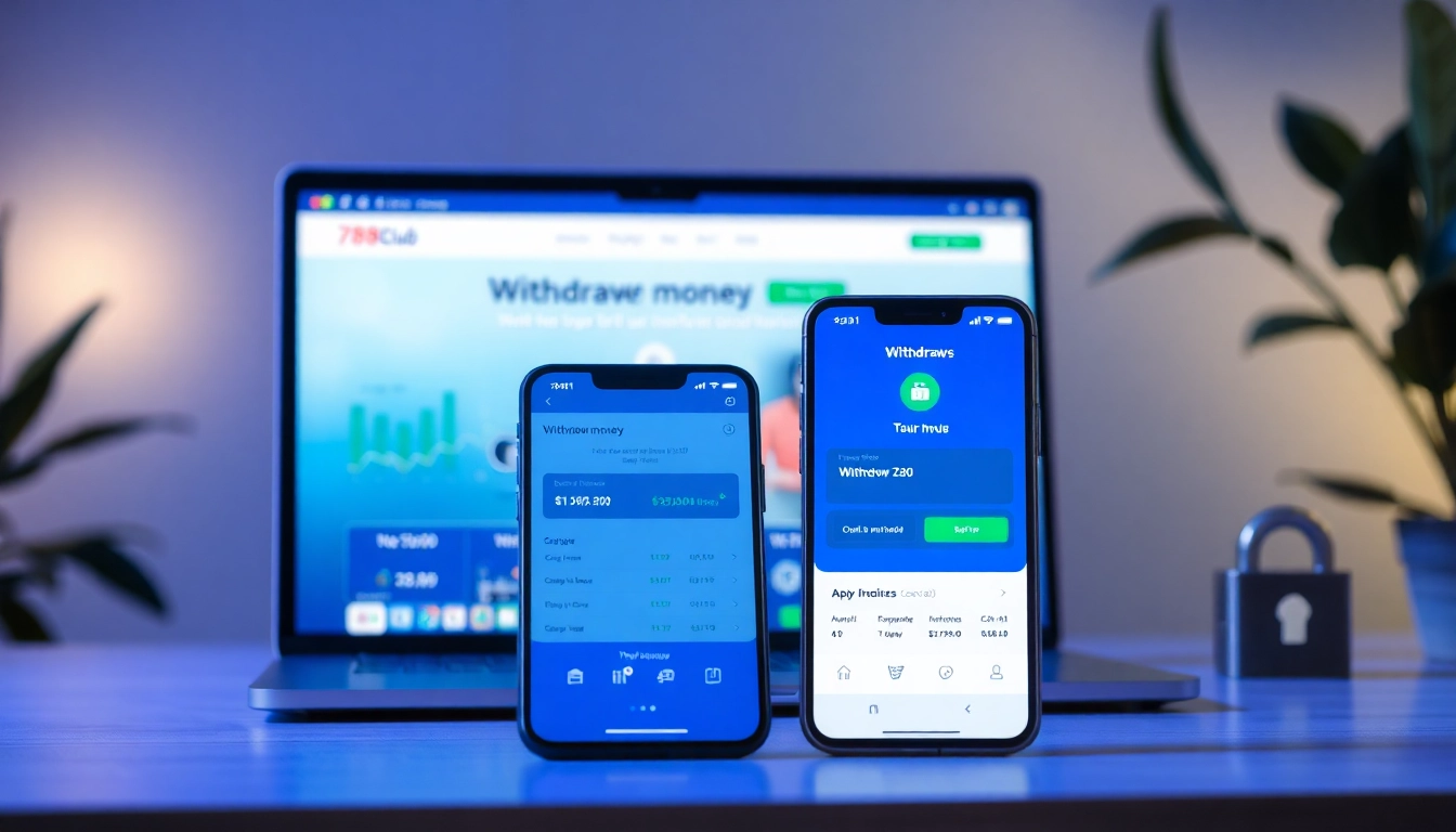 Withdrawal process on https://part.ru.com/rut-tien-789club/ app displayed on smartphone and laptop, showcasing user-friendly design.