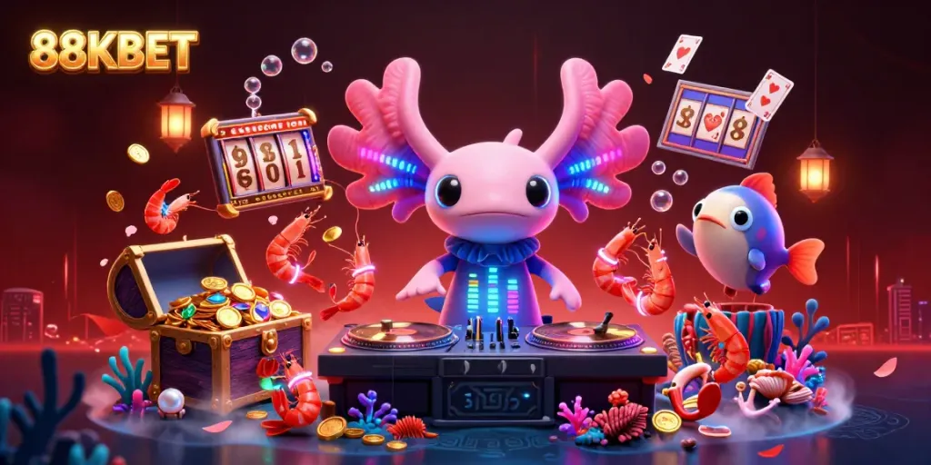 Experience the vibrant underwater casino atmosphere with 88KBET featuring a DJ, dancing shrimp, and treasure chests.