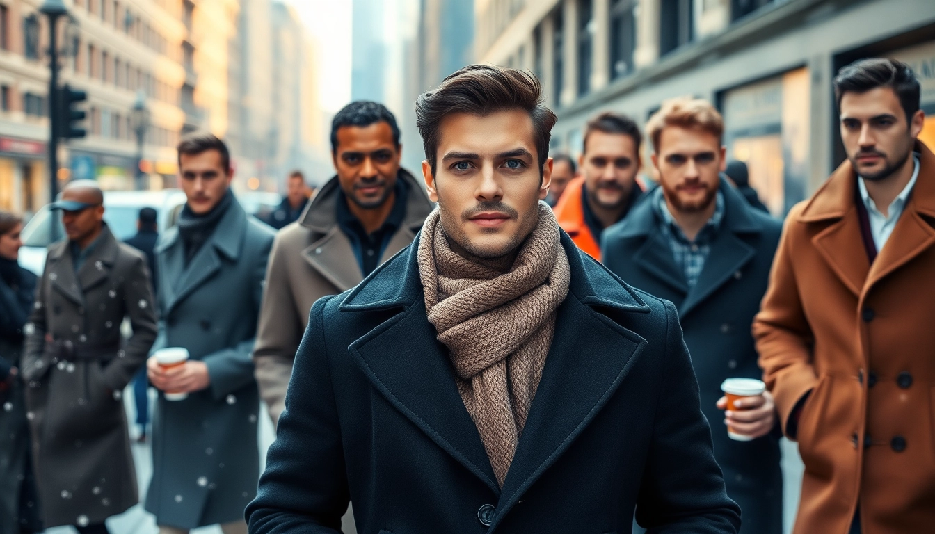 Men showcasing winter coats men in a vibrant urban setting during winter.