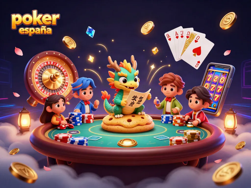 Juega al poker online España en una emocionante mesa llena de fichas y monedas brillantes.