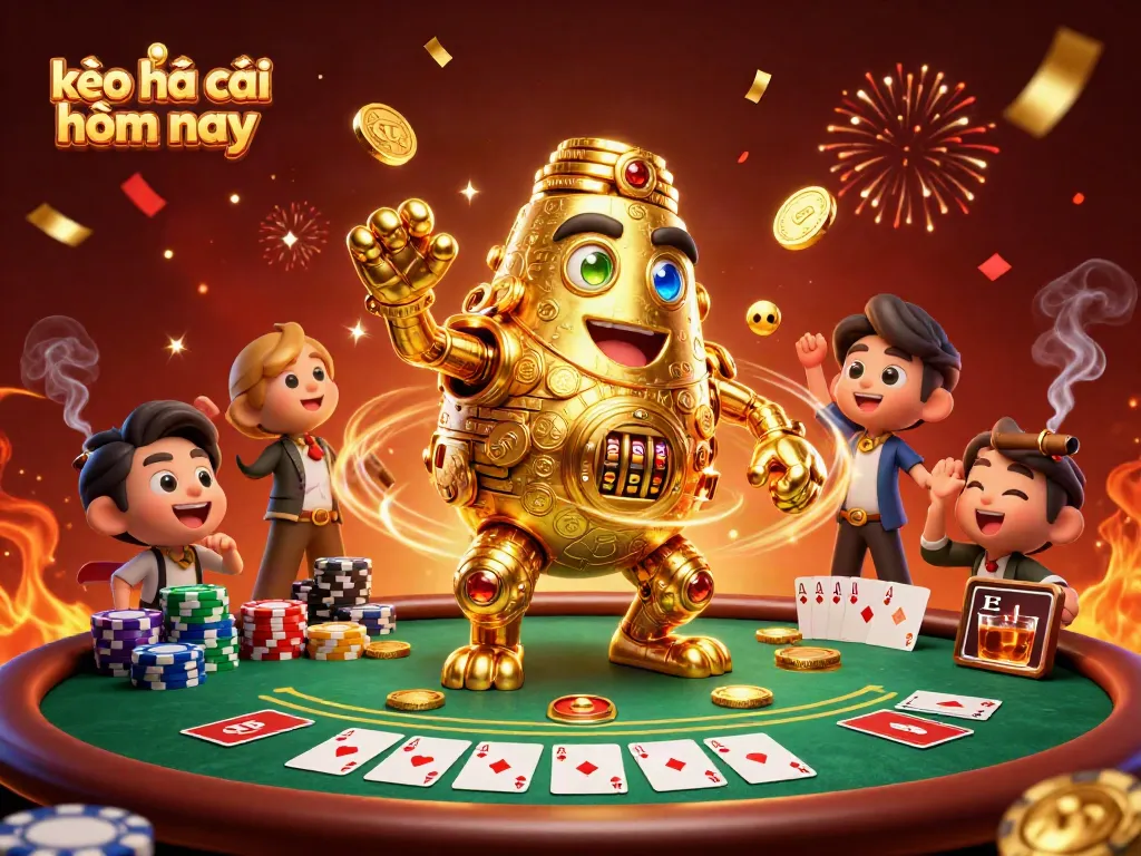 Engage with kèo nhà cái hôm nay through a vibrant 3D casino scene filled with gold coins, poker chips, and energetic celebration.