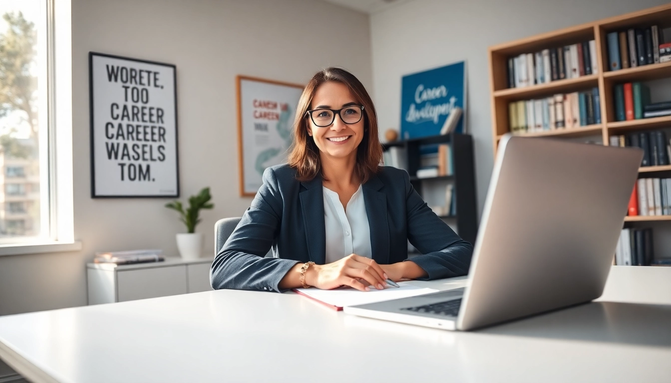 Career coaching session in a professional office setting, emphasizing a motivated atmosphere.
