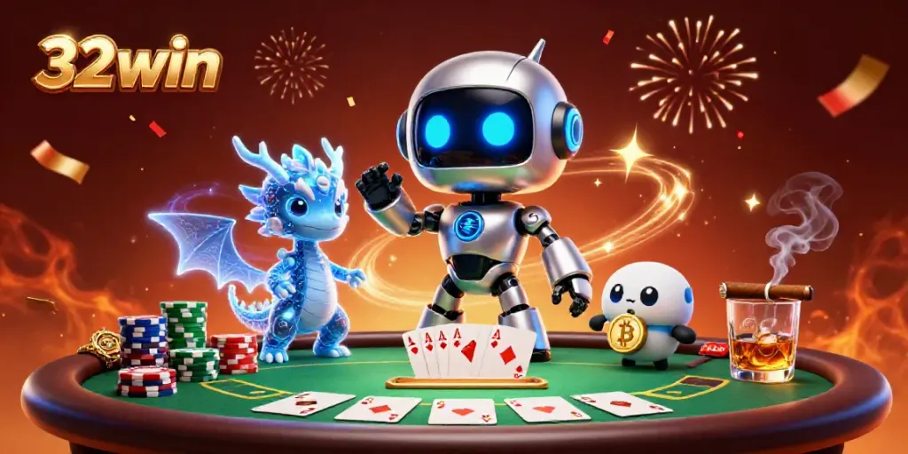 32win's exciting poker scene comes alive with a futuristic robot, AI dragon, and drone assistant in 3D illustration.
