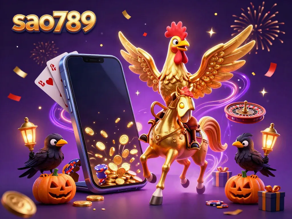 Sao789's stunning illustrated casino scene featuring a golden rooster and spooky elements, perfect for gaming enthusiasts.