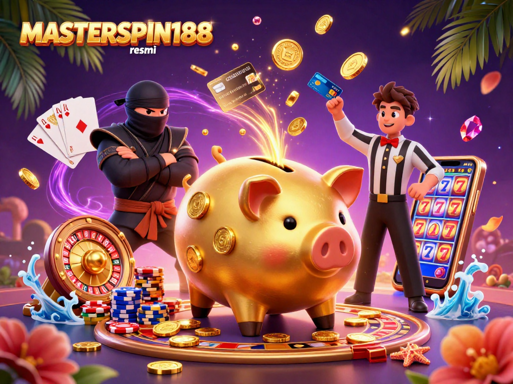 Experience thrilling gameplay at MASTERSPIN188 resmi with a vibrant casino scene featuring animated characters and spinning roulette.
