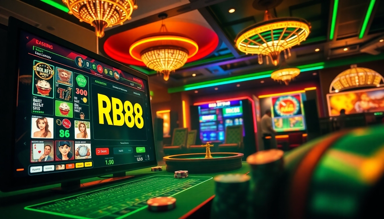 Experience thrilling gaming at RR88 with vibrant casino visuals, including slots and roulette.
