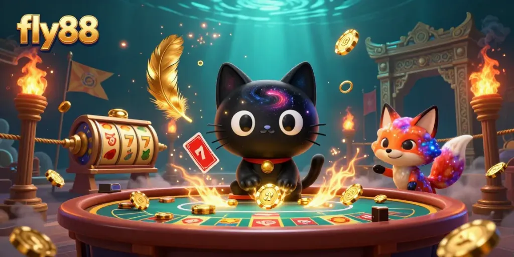 FLY88 encourages winning with a captivating cosmic casino scene, featuring a black hole cat and a nebula fox.