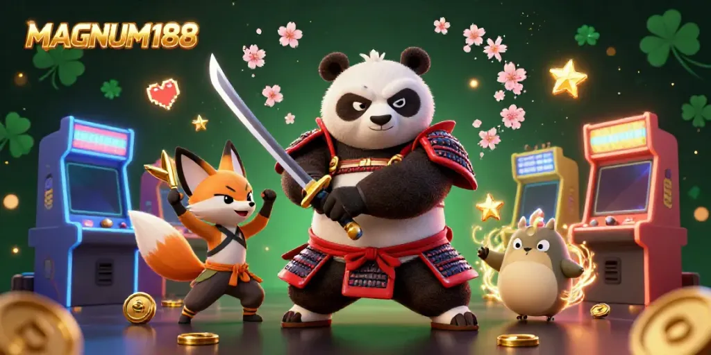 Experience thrilling action with MAGNUM188 featuring samurai panda and ninja fox in an energetic casino scene.