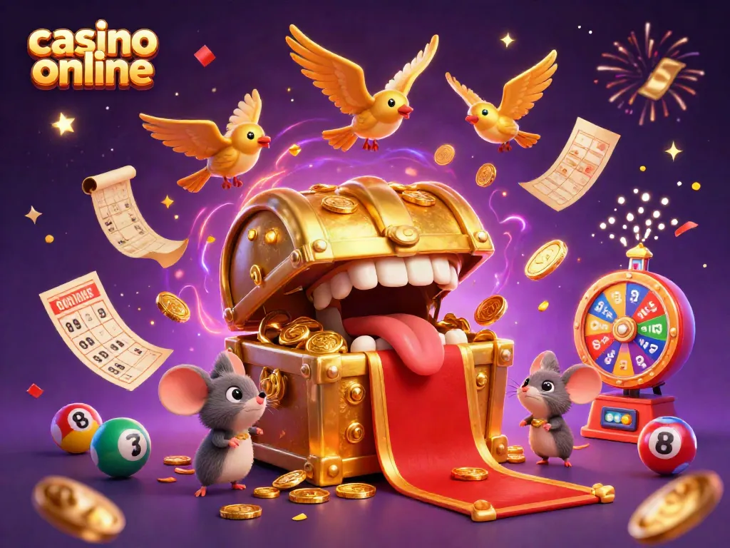 Juega en casino online y descubre tesoros con un cofre dorado atrayendo ratones aventureros.