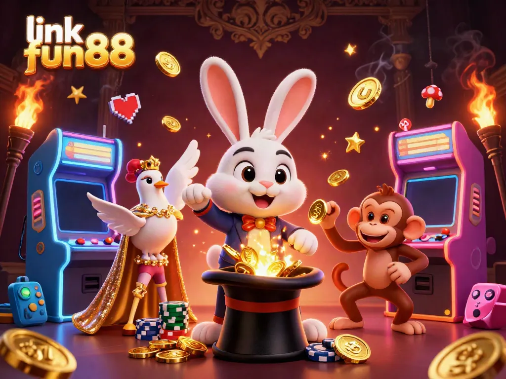 Experience thrilling moments at Fun88 with the magician rabbit and his sparkling coins in a vibrant casino scene.