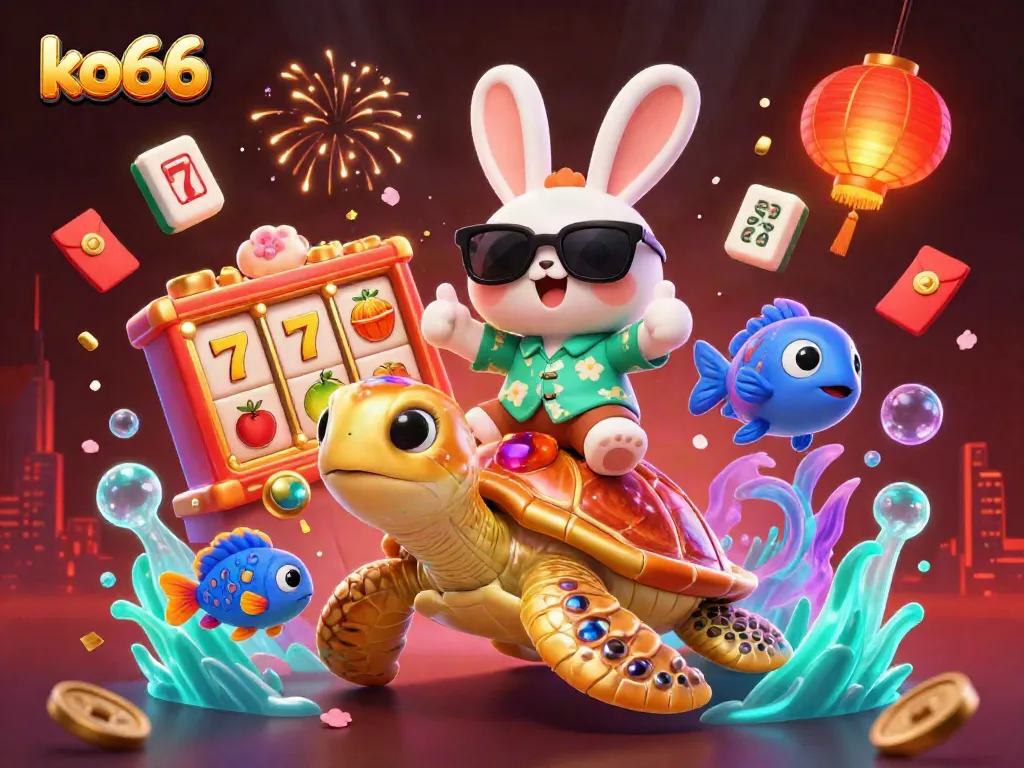 Experience excitement at ko66 with a vibrant 3D depiction of a lucky rabbit and sea turtle amidst slot symbols and festive elements.