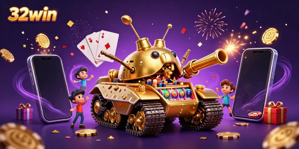 Spin to win with 32win: an ultra-detailed 3D casino scene featuring a colorful slot game and festive atmosphere.