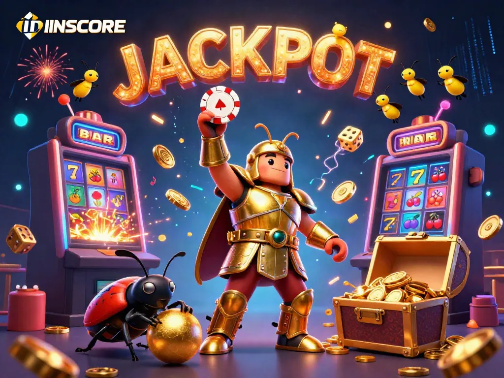 Experience thrilling wins with IDNSCORE's online slots as a hercules beetle triumphantly lifts a poker chip.
