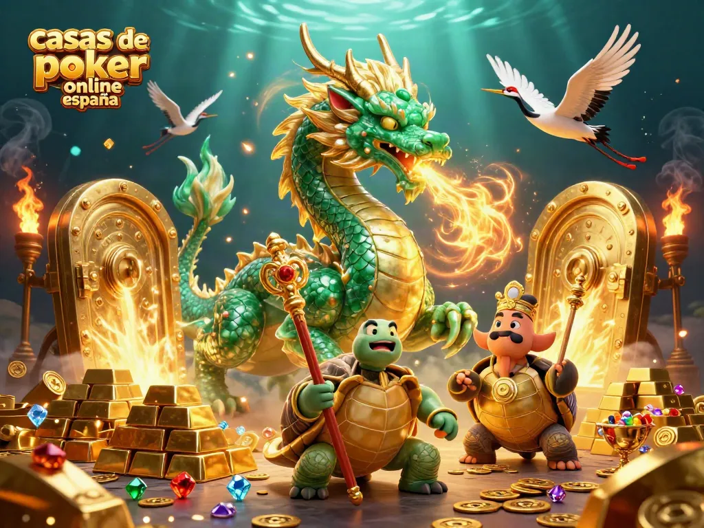 Participa en casas de poker online españa con dragón y tortuga en un entorno de casino vibrante