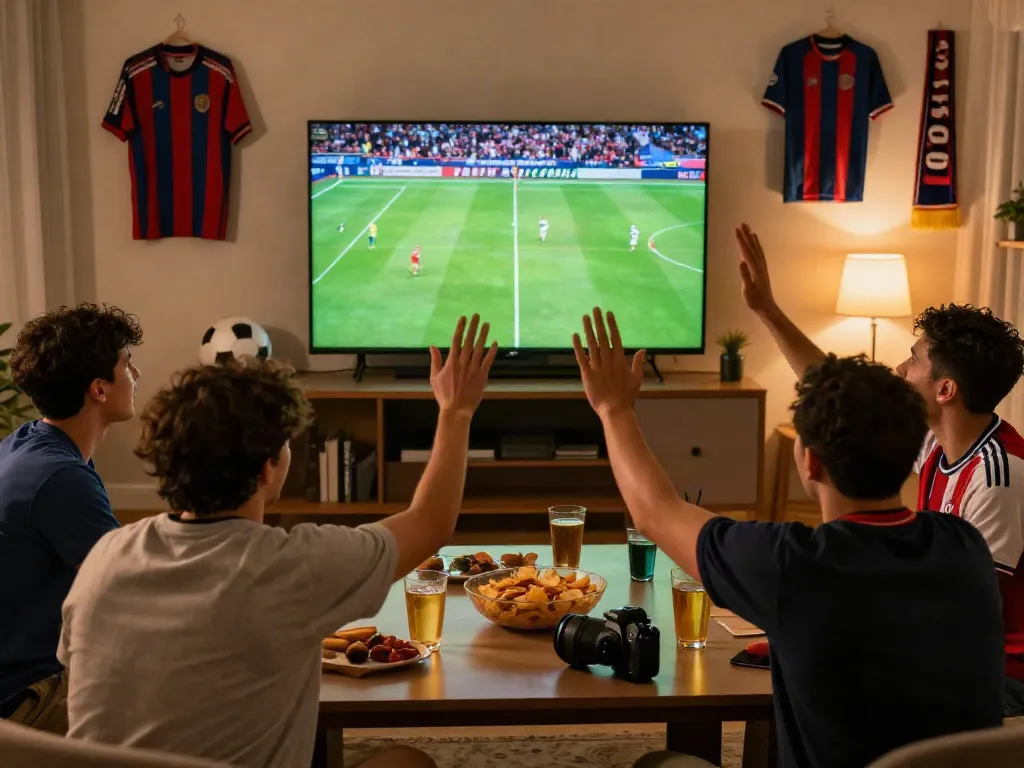 Fans enjoying a football match at https://xoilactvx.me/ in a lively home setting with HD visuals.