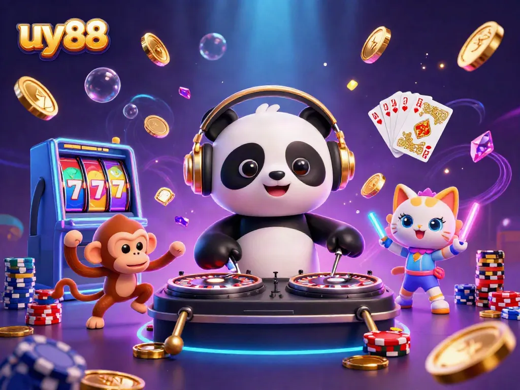 Experience exciting gameplay at uy88 with a DJ panda, breakdancing monkey, and glowing kitten in a vibrant casino setting.