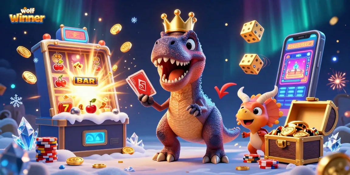 Join the excitement at wolfwinner with a hilarious T-Rex and friends in a vibrant casino scene.