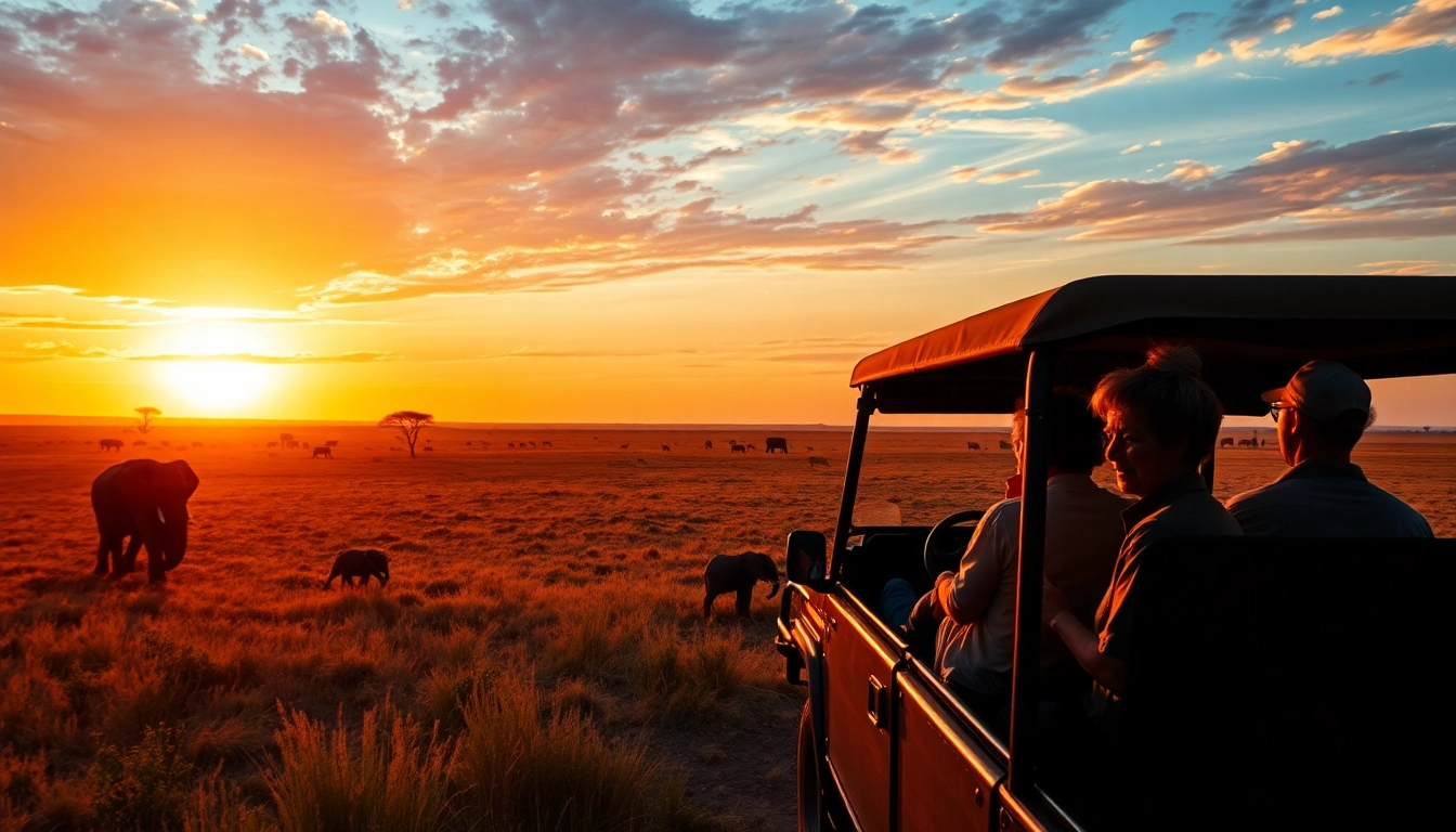 Witness thrilling Tanzania safaris as wildlife roams under a stunning sunset.