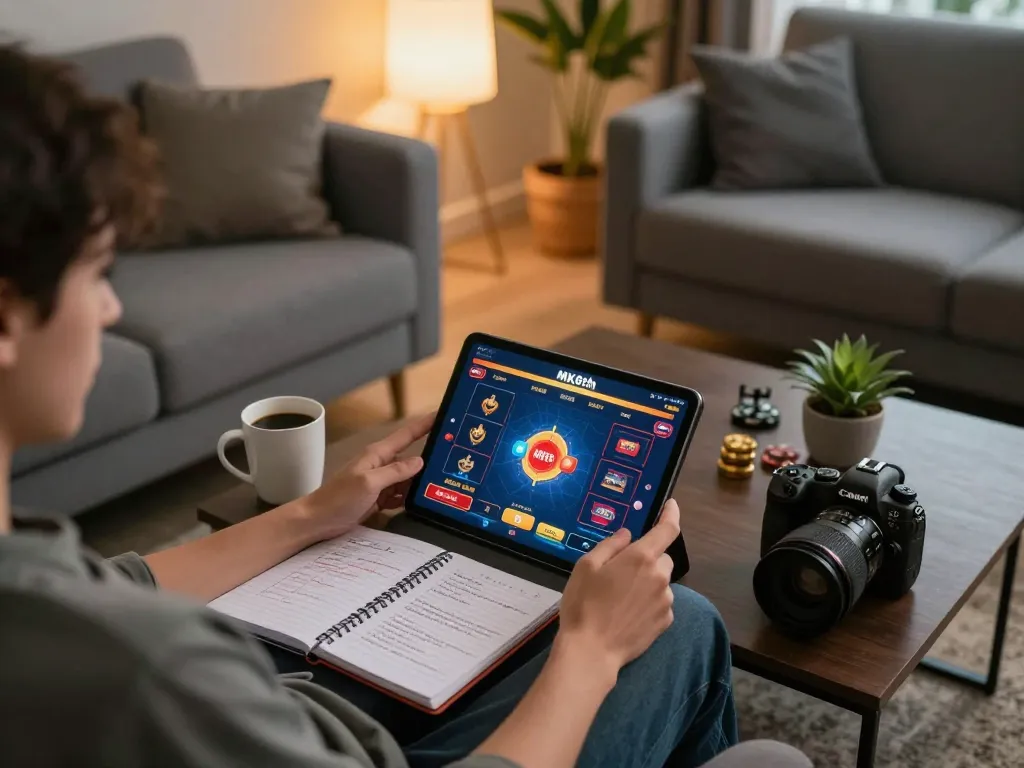 Engaging in an online game via MK8th on a tablet, surrounded by notes and strategies.