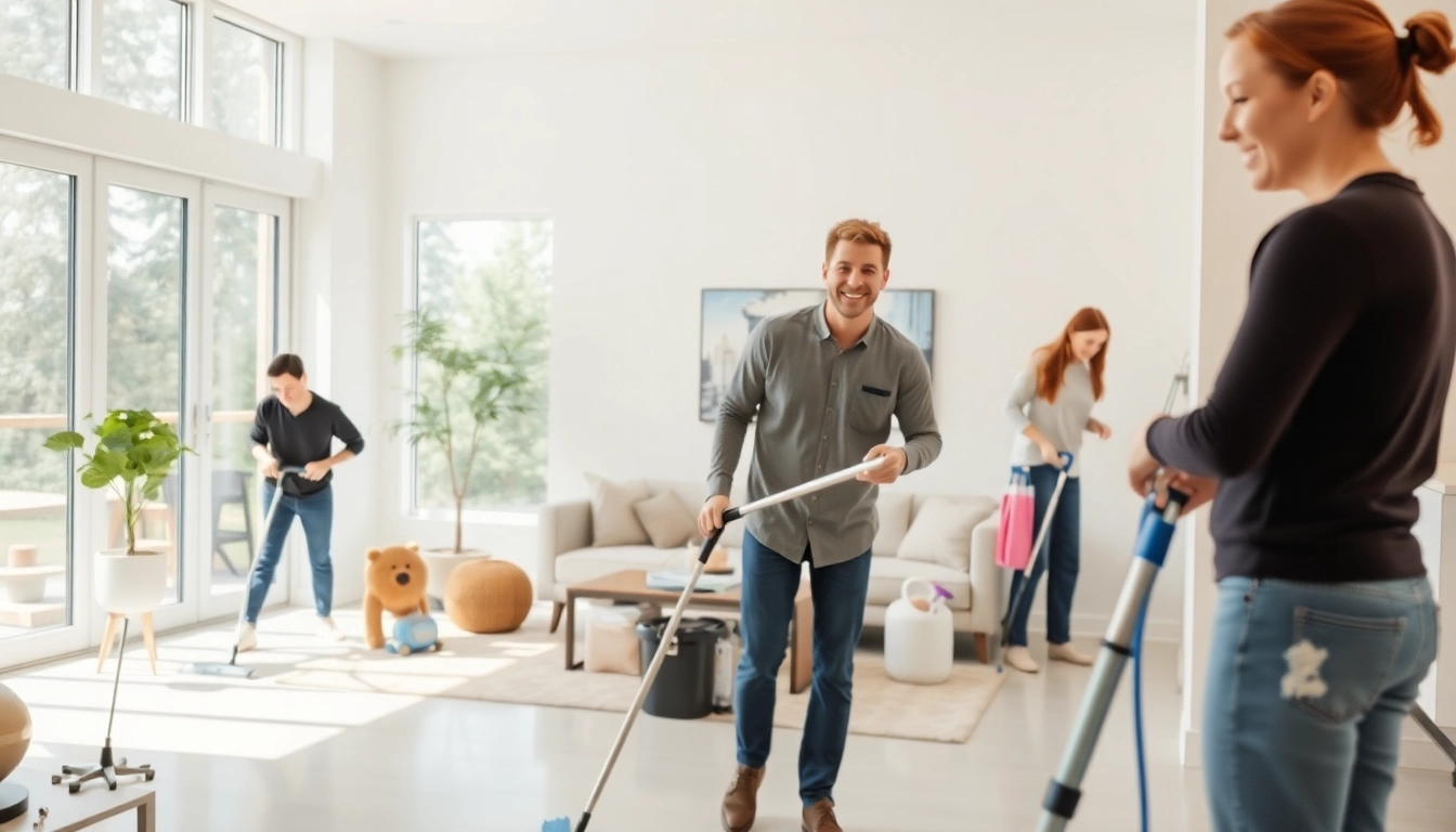 Efficient team using cleaning services calgary to achieve sparkling clean results in a bright, modern home.