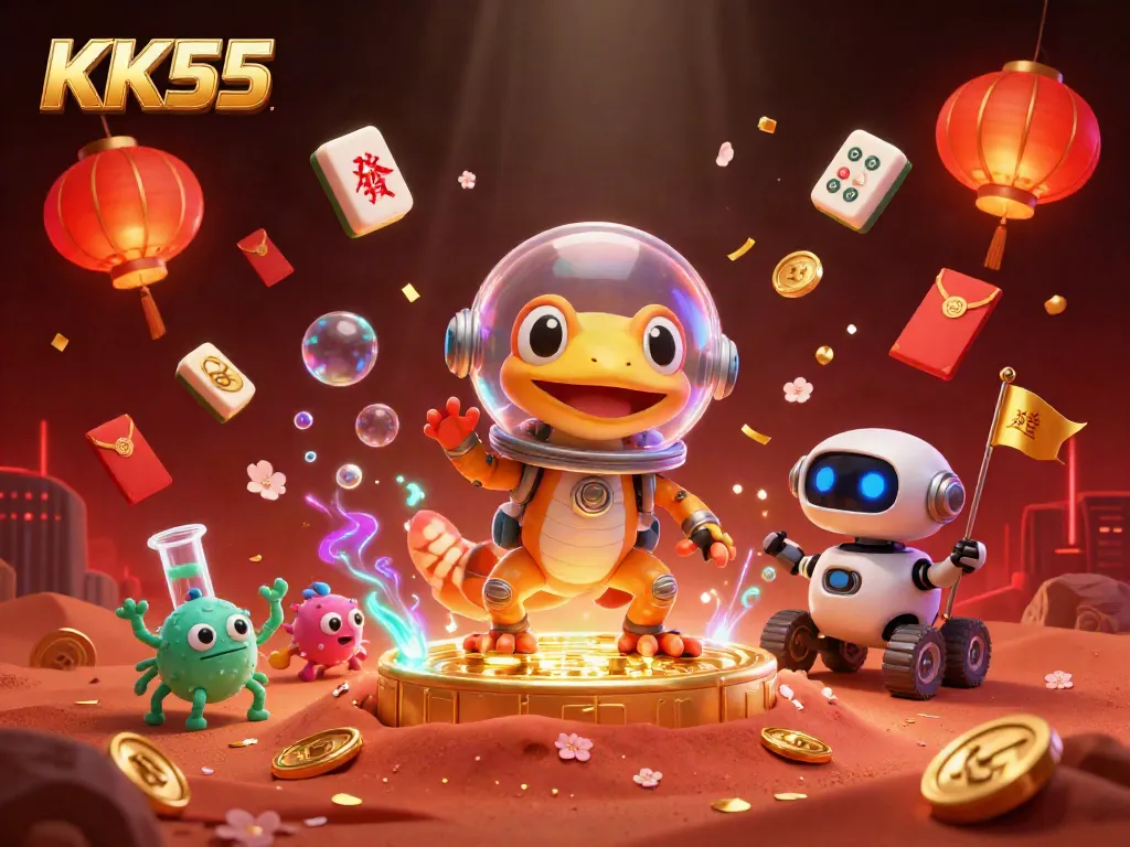 Experience KK55's thrilling casino adventure with a Martian gecko and golden treasures.