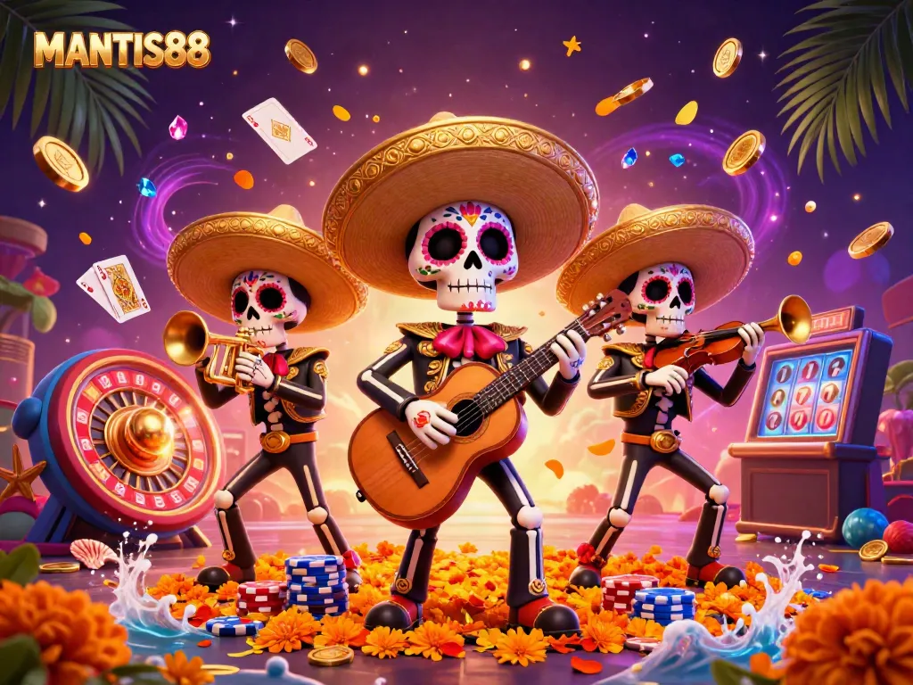 MANTIS88 brings casino excitement to life with vibrant Dia de los Muertos mariachi skeletons, coins, and gaming elements.
