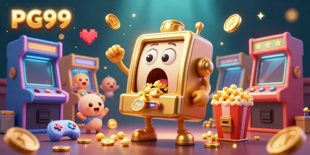 PG99 slot machine hitting a jackpot, surrounded by cheering baby slots and arcade elements.