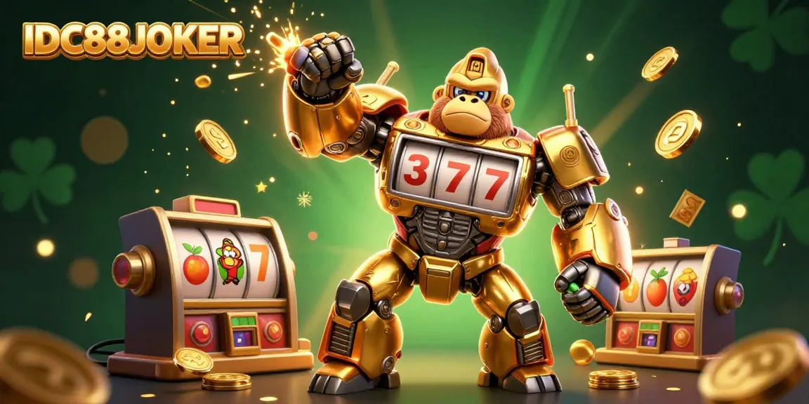 Experience the thrill of IDC88JOKER with a golden mech and exciting slot game elements.