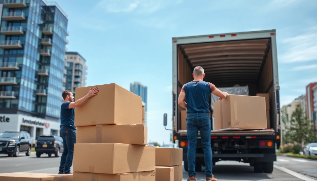 Calgary movers efficiently packing and loading a moving truck in a bustling urban setting.